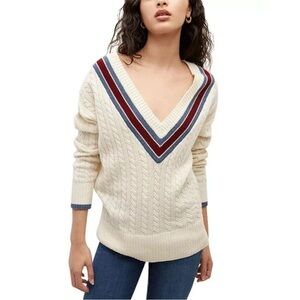 Veronica Beard Sibley Tennis Wool Sweater Women's Ivory Multi Pullover V-Neck
